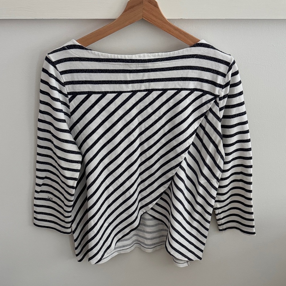 LOFT Women’s Black White Striped Top Open Back Twist Detail 3/4 Sleeve Size M